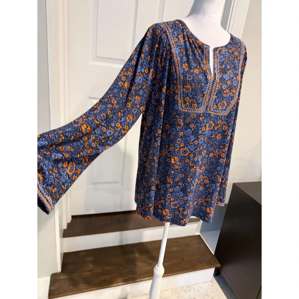 J Jill Large Navy Floral Tunic Top Embroidered Split Neck Cotton Modal NWT new - Picture 3 of 13